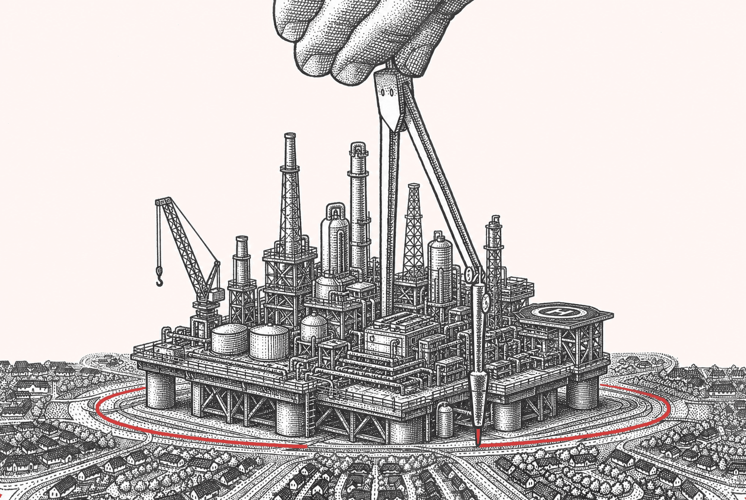 Illustration éditoriale au trait — main tenant un stylo plume au-dessus d'une plateforme industrielle, dans le style Works in Progress
